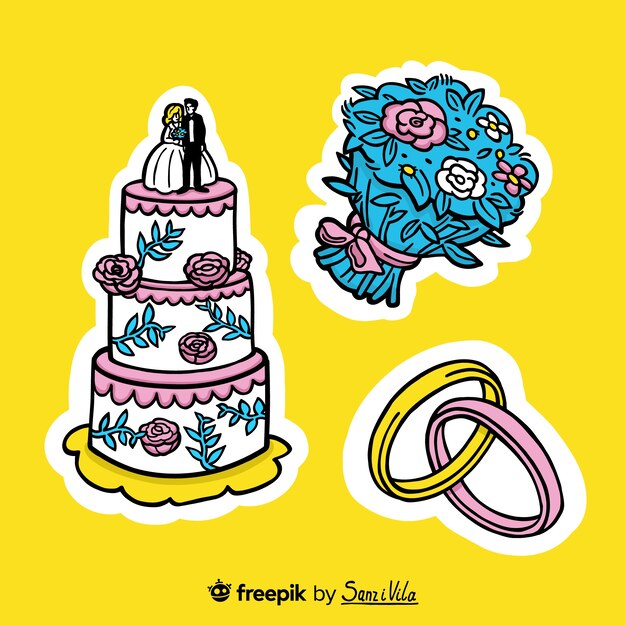 Conjunto de pegatinas de boda dibujadas a mano
