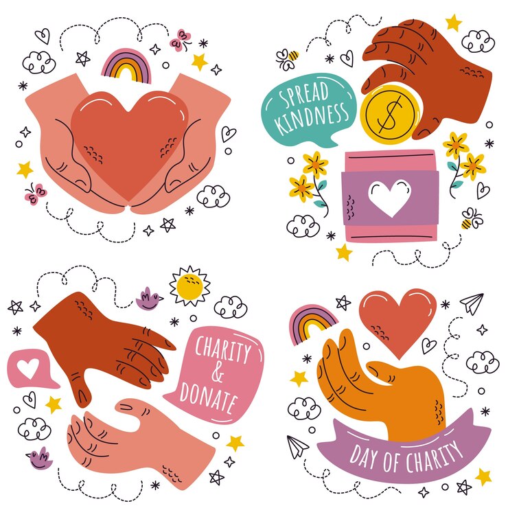 Vector gratuito conjunto de pegatinas de caridad de garabatos dibujados a mano