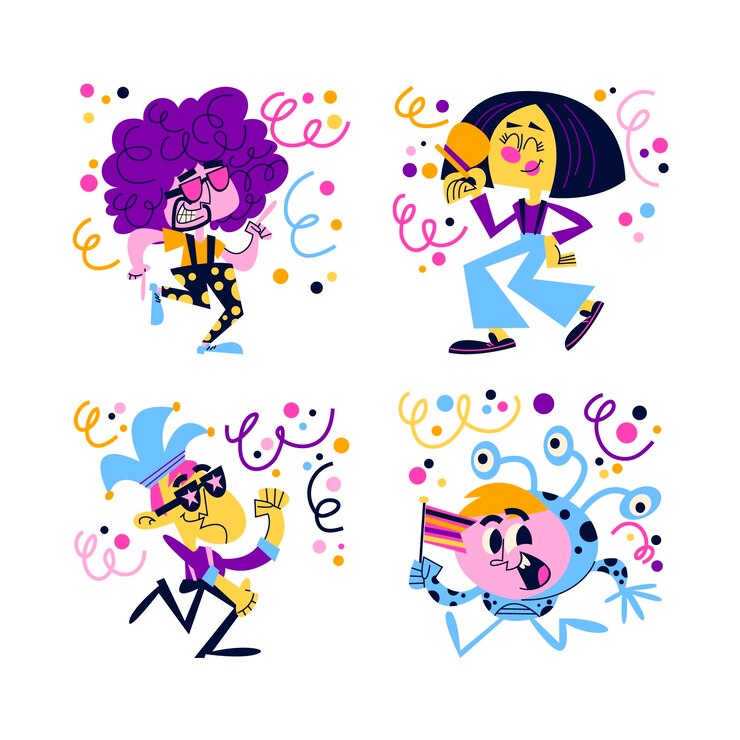 Vector gratuito conjunto de pegatinas de carnaval de dibujos animados retro