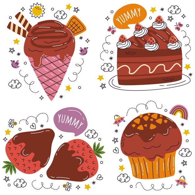 Vector gratuito conjunto de pegatinas de chocolate doodle