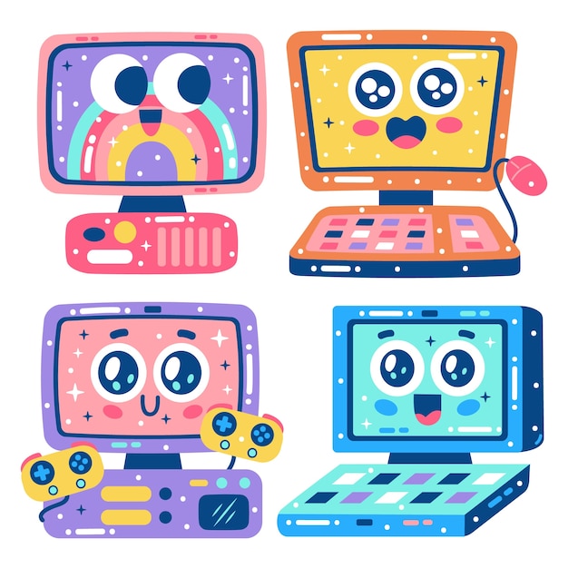 Vector gratuito conjunto de pegatinas de computadora retro deslumbrante