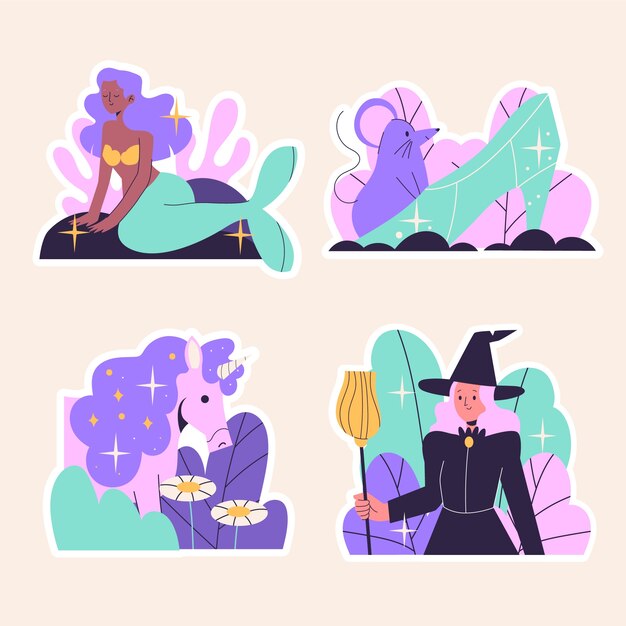 Conjunto de pegatinas de cuento de hadas ingenuo de diseño plano