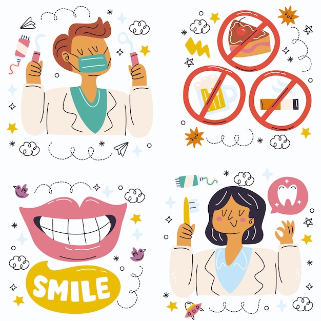 Vector gratuito conjunto de pegatinas de cuidado dental