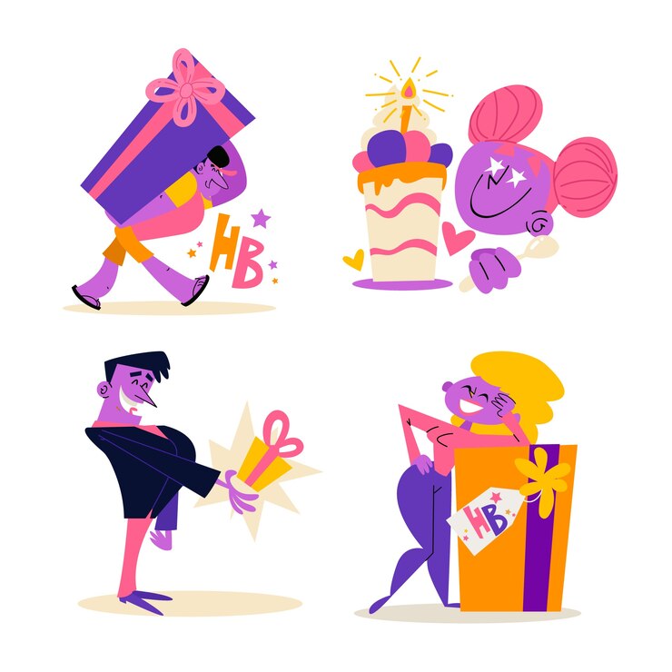 Vector gratuito conjunto de pegatinas de cumpleaños de dibujos animados retro