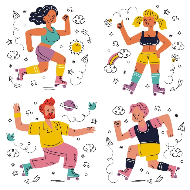 Vector gratuito conjunto de pegatinas deportivas estilo doodle