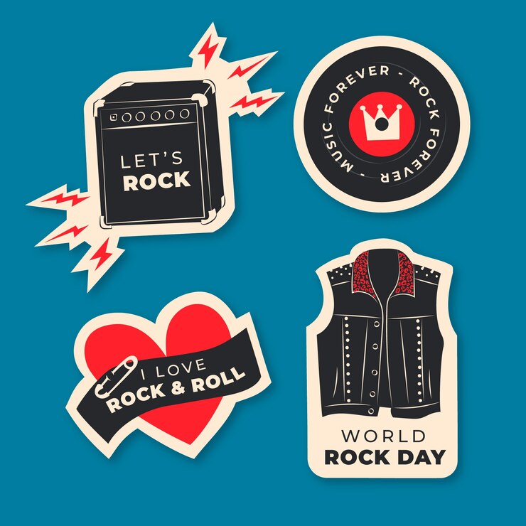 Vector gratuito conjunto de pegatinas del día mundial del rock dibujado a mano