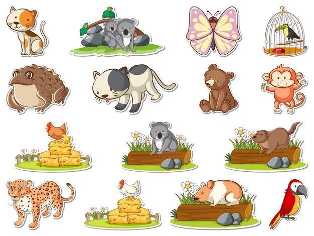 Conjunto de pegatinas de dibujos animados de animales salvajes