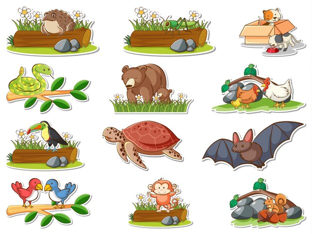 Conjunto de pegatinas de dibujos animados de animales salvajes
