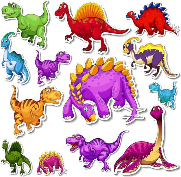 Vector gratuito conjunto de pegatinas de dibujos animados de diferentes dinosaurios