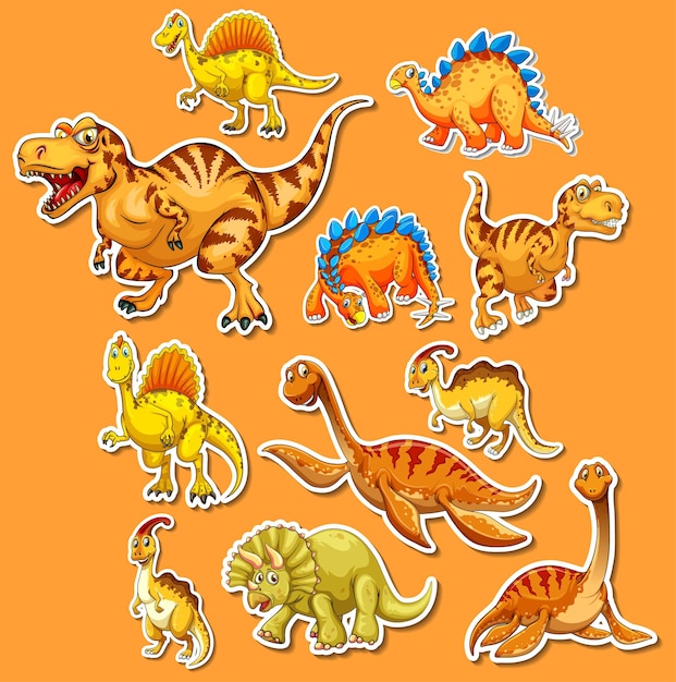 Conjunto de pegatinas de dibujos animados de diferentes dinosaurios