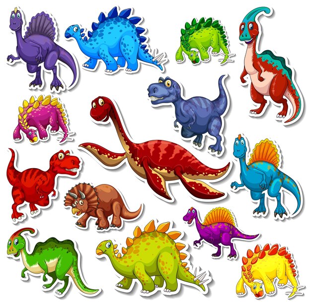 Conjunto de pegatinas de dibujos animados de diferentes dinosaurios