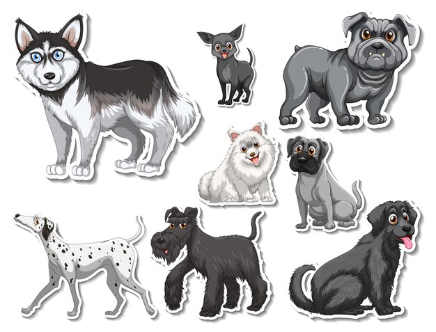 Conjunto de pegatinas de dibujos animados de diferentes perros