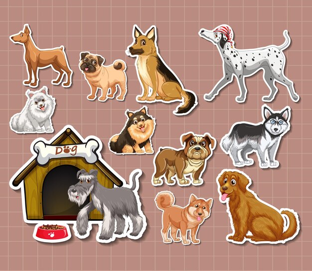 Conjunto de pegatinas de dibujos animados de diferentes perros