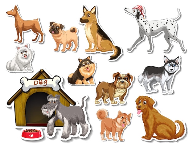 Vector gratuito conjunto de pegatinas de dibujos animados de diferentes perros