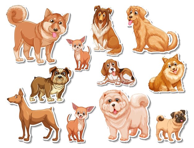 Conjunto de pegatinas de dibujos animados de diferentes perros