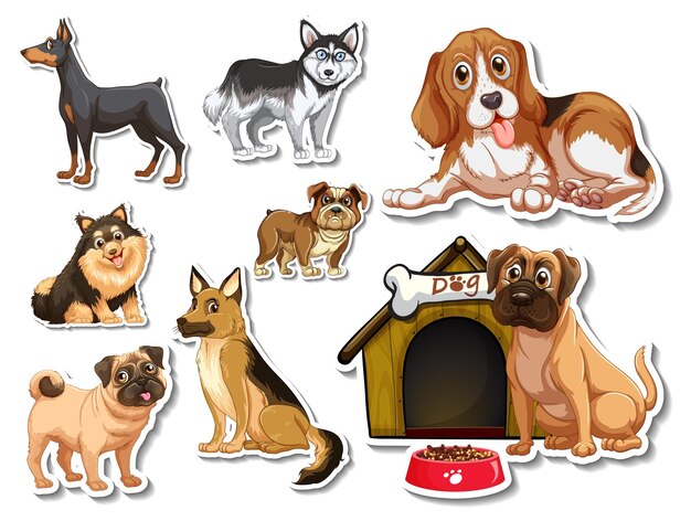 Conjunto de pegatinas de dibujos animados de diferentes perros