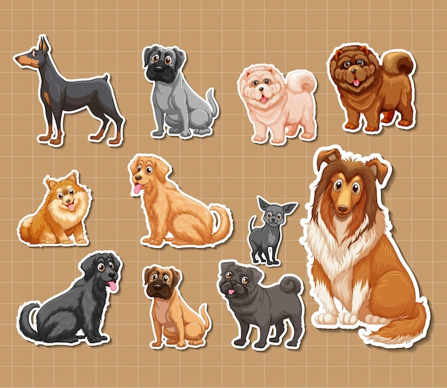 Conjunto de pegatinas de dibujos animados de diferentes perros