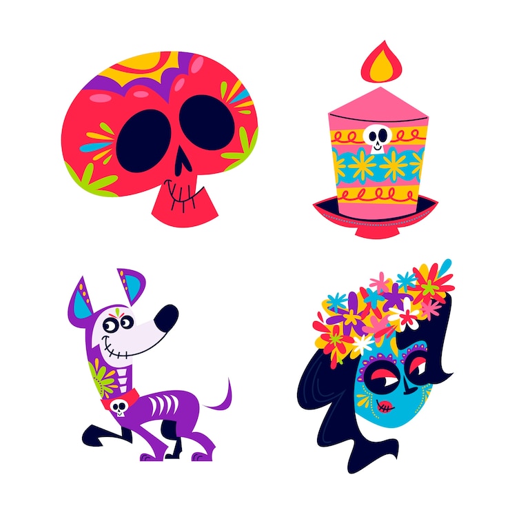 Vector gratuito conjunto de pegatinas de dibujos animados retro dia de los muertos