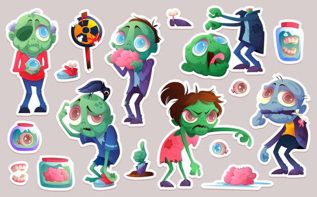 Conjunto de pegatinas de dibujos animados zombie, divertidos personajes de halloween, cerebro, globo ocular, cadáver sin cabeza con los brazos levantados, mandíbula en frasco de vidrio, mano levantada de la tumba, piruleta de peligro Ilustración vectorial, imágenes prediseñadas