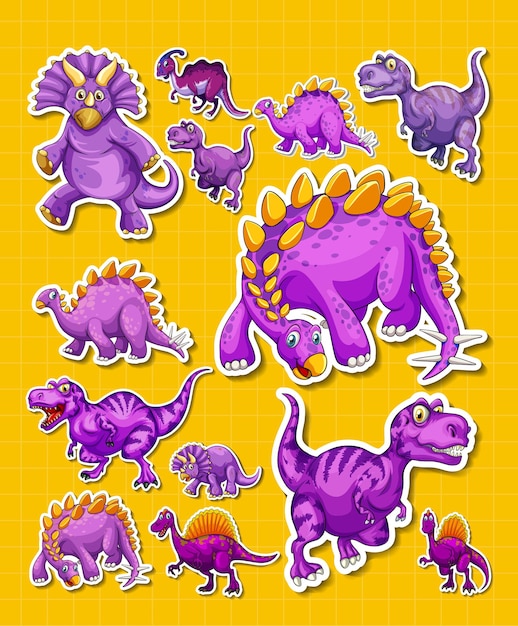 Conjunto de pegatinas de diferentes personajes de dibujos animados de dinosaurios