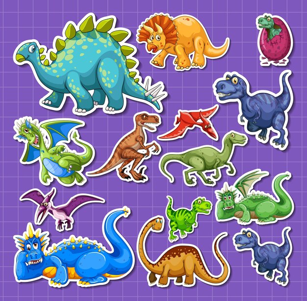 Conjunto de pegatinas de diferentes personajes de dibujos animados de dinosaurios