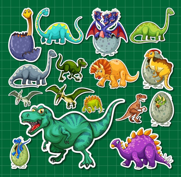 Conjunto de pegatinas de diferentes personajes de dibujos animados de dinosaurios