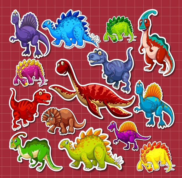 Conjunto de pegatinas de diferentes personajes de dibujos animados de dinosaurios