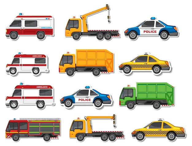 Conjunto de pegatinas de diferentes vehículos.
