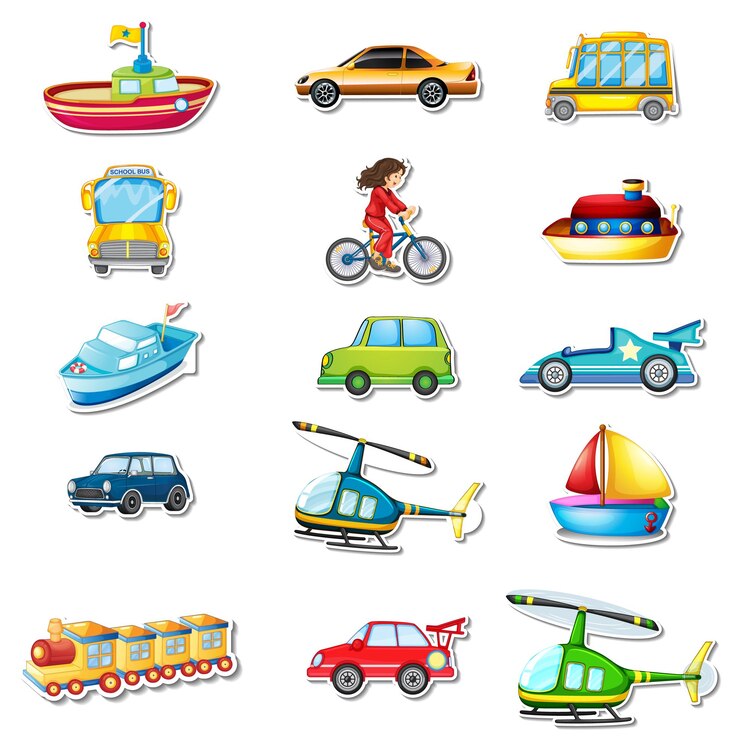 Vector gratuito conjunto de pegatinas de diferentes vehículos.