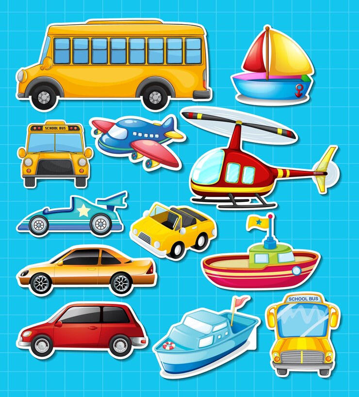 Vector gratuito conjunto de pegatinas de diferentes vehículos.