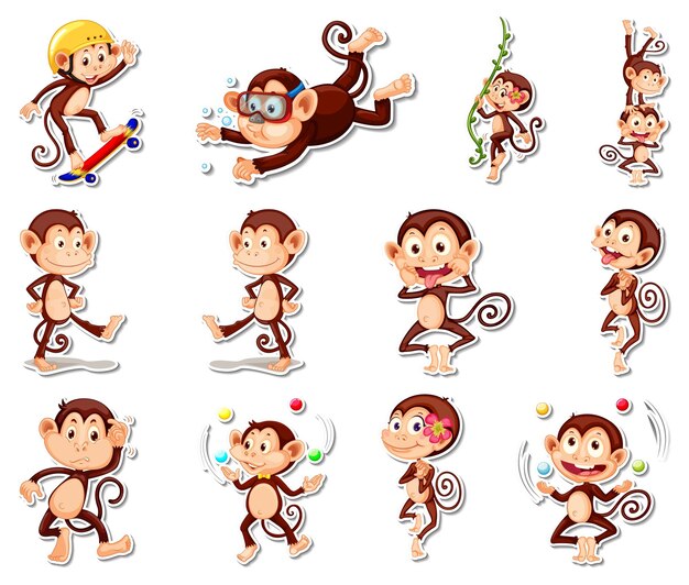 Conjunto de pegatinas de divertidos personajes de dibujos animados de monos