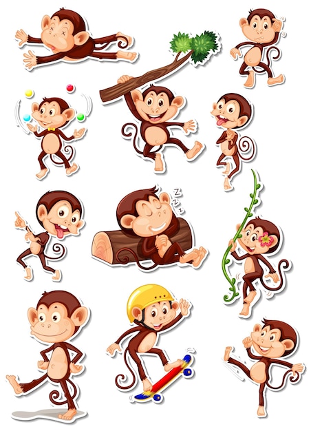 Conjunto de pegatinas de divertidos personajes de dibujos animados de monos