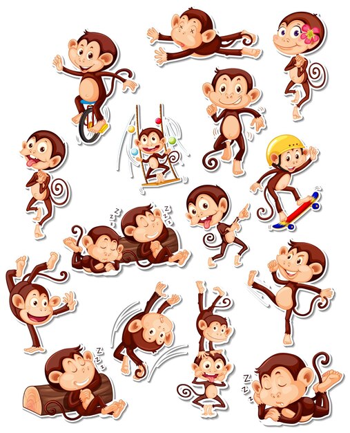 Conjunto de pegatinas de divertidos personajes de dibujos animados de monos