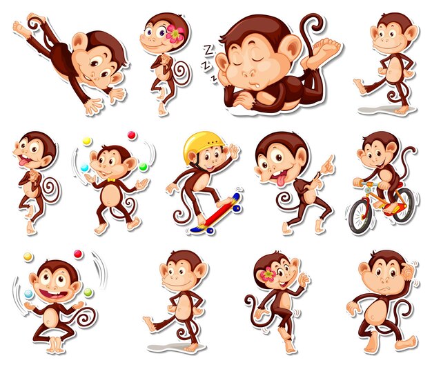 Conjunto de pegatinas de divertidos personajes de dibujos animados de monos