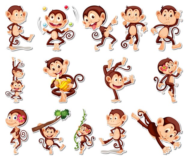 Conjunto de pegatinas de divertidos personajes de dibujos animados de monos