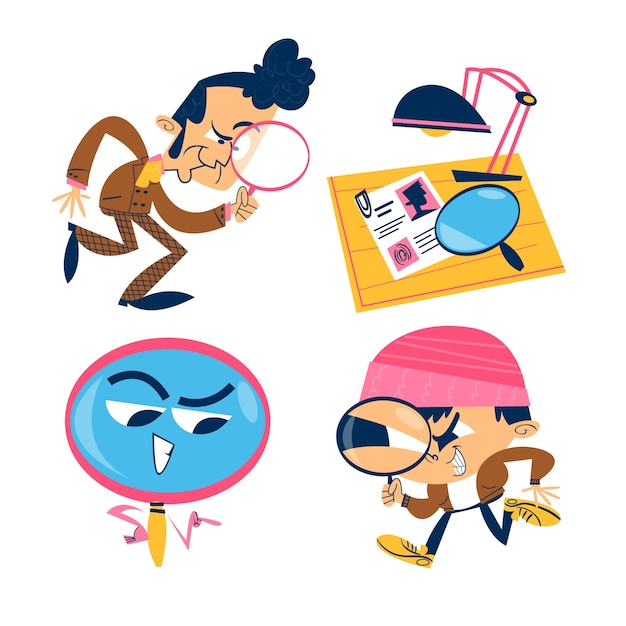 Conjunto de pegatinas de doodle de detective dibujado a mano