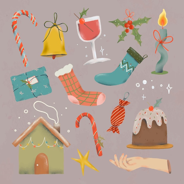 Conjunto de pegatinas de doodle de Navidad, vector de ilustración de doodle lindo