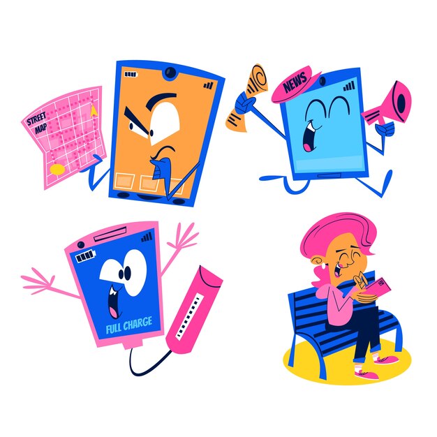 Conjunto de pegatinas de doodle de teléfono retro