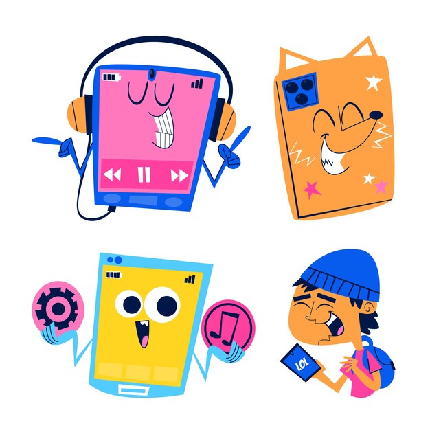 Conjunto de pegatinas de doodle de teléfono retro