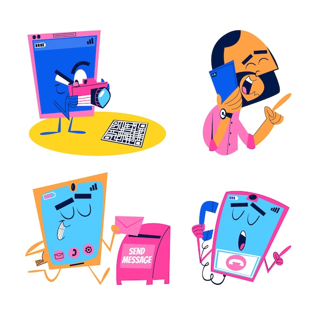 Conjunto de pegatinas de doodle de teléfono retro