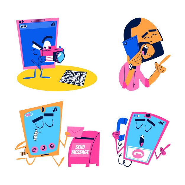 Conjunto de pegatinas de doodle de teléfono retro