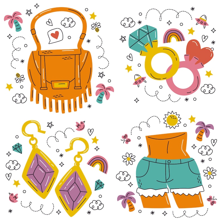 Vector gratuito conjunto de pegatinas de estilo de dibujos animados de artículos de compras