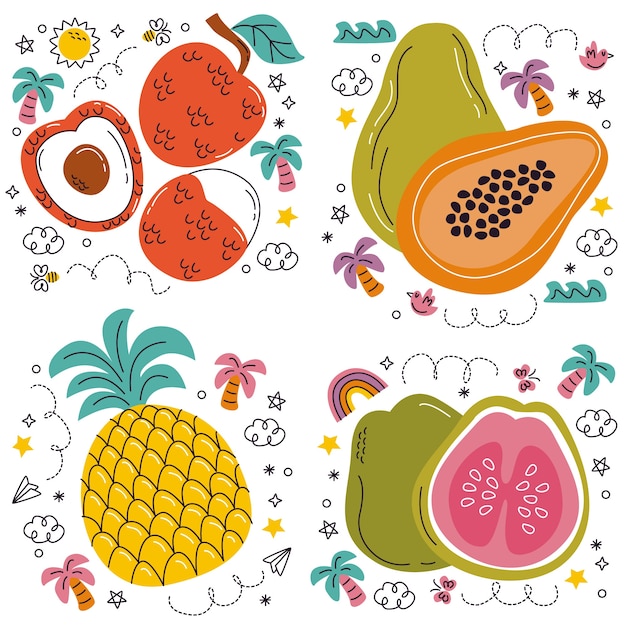 Vector gratuito conjunto de pegatinas de estilo de dibujos animados de frutas