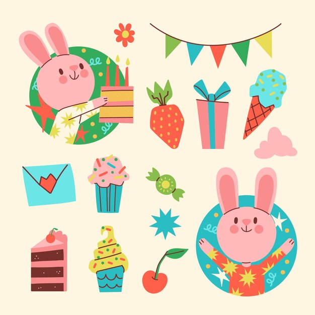 Conjunto de pegatinas de feliz cumpleaños de diseño plano