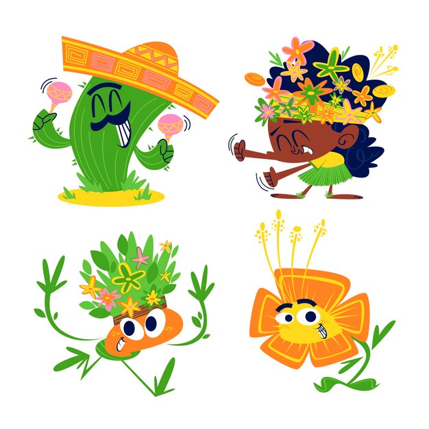 Conjunto de pegatinas de flores y plantas de dibujos animados retro