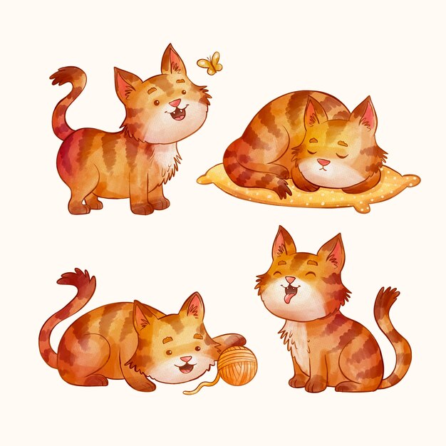 Conjunto de pegatinas de gato acuarela