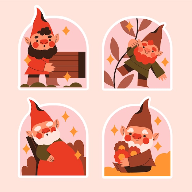 Vector gratuito conjunto de pegatinas de gnomos ingenuos