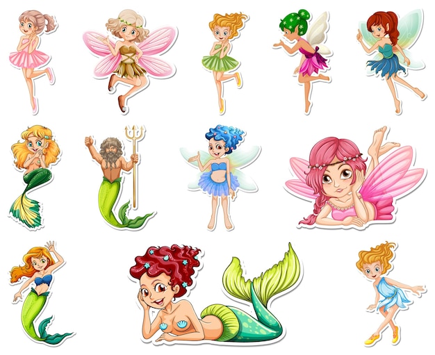 Conjunto de pegatinas con hermosas hadas y personaje de dibujos animados de sirena