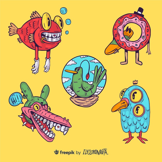 Vector gratuito conjunto de pegatinas de ilustración de criaturas