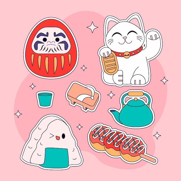 Conjunto de pegatinas japonesas dibujadas a mano